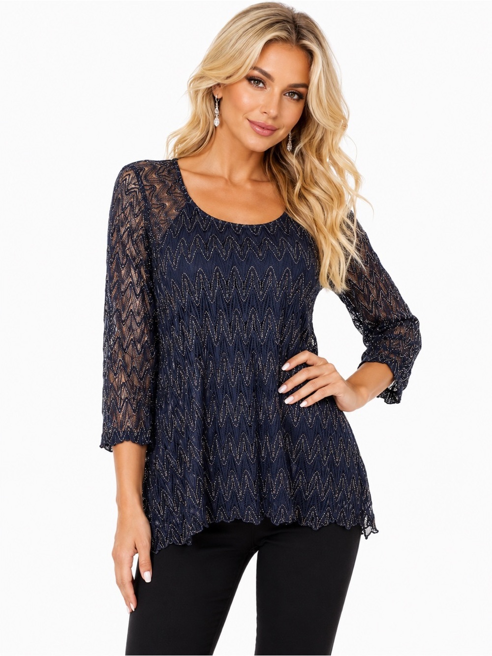New Directions XL Lined Navy Lace Shimmer Tunic Top 3/4 Sleeve